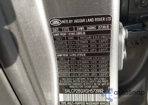 2016 Land Rover Discovery Sport Se z USA, uszkodzony, nr VIN SALCP2BGXGH573992